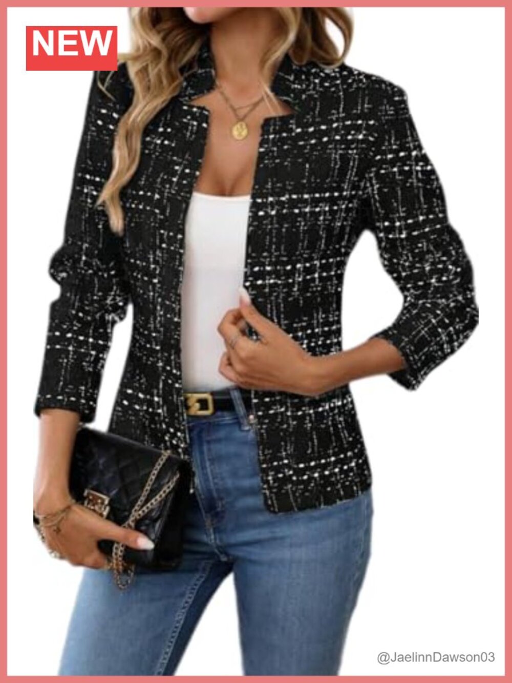 Tweed Open Front Blazer Long Sleeve Notch Collar Business Casual
